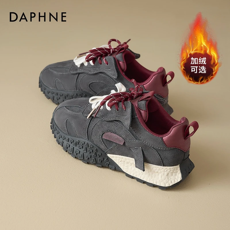 达芙妮德训鞋女2025新款秋冬加绒女鞋双鞋带灰红拼色美式阿甘鞋子
