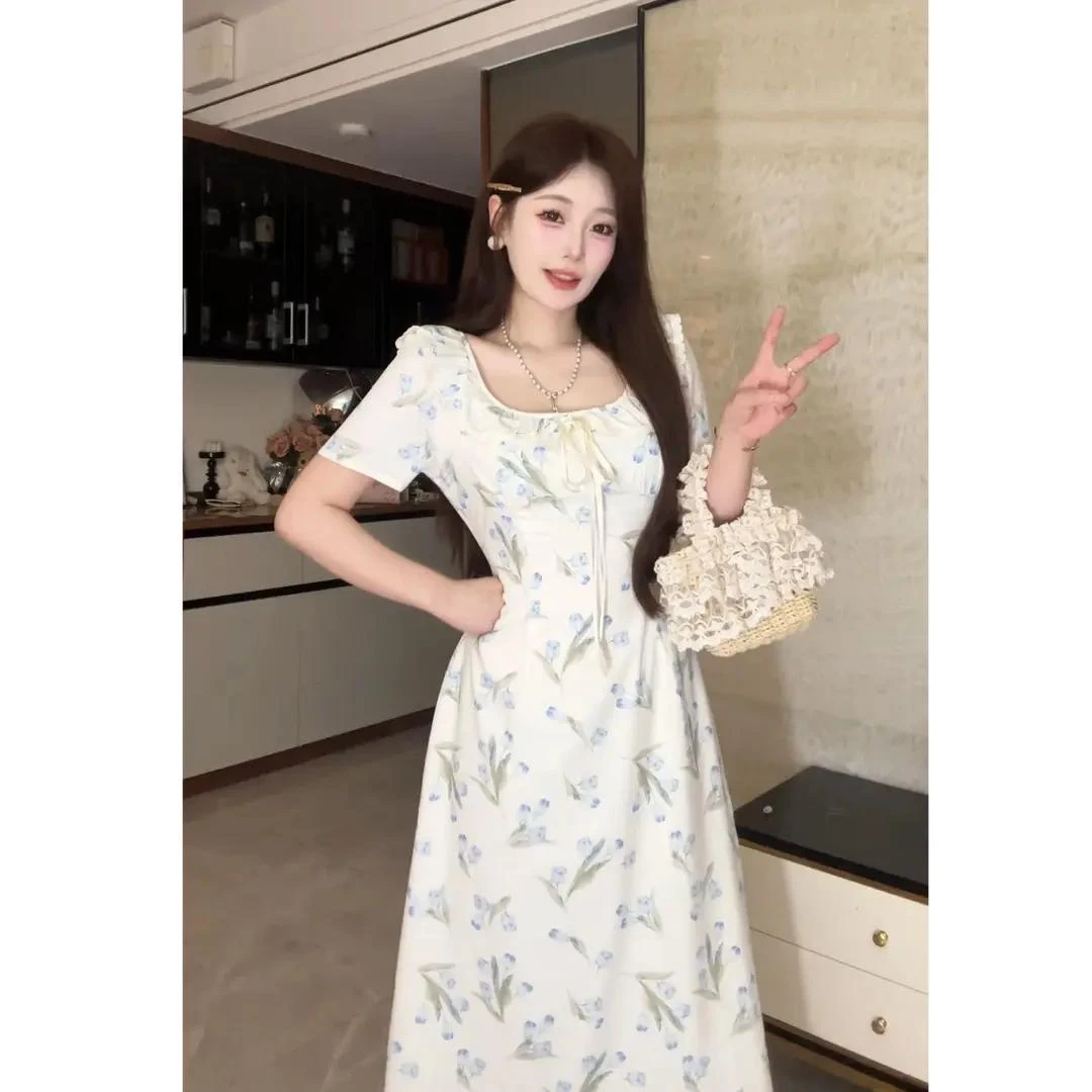 大码法式印花短款收腰连衣裙女田园风短裙碎花夏季新款