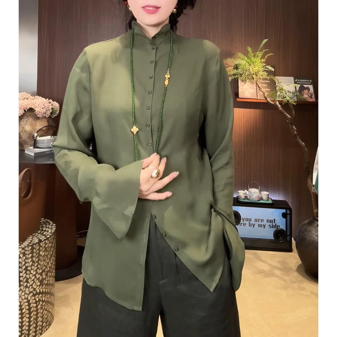 2025年春秋新款时尚薄款显瘦立领衬衫女大码休闲宽松纯色小衫上衣