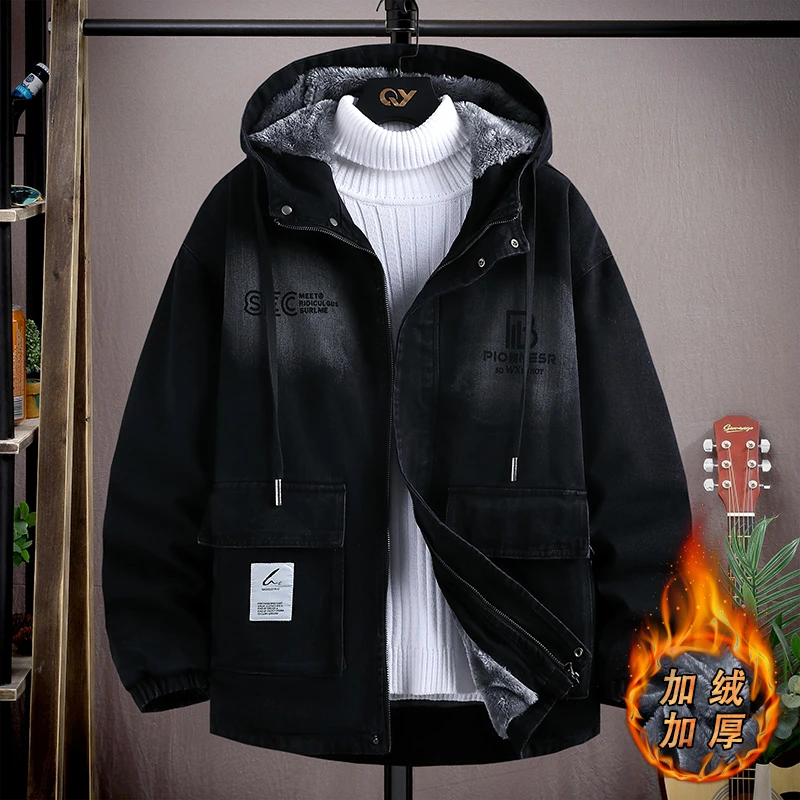 秋冬新款男生潮流加绒加厚冬款宽松牛仔外套百搭印花上衣连帽夹克