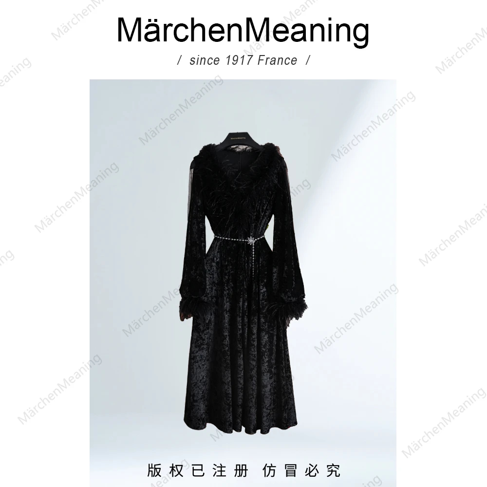 MärchenMeaning高级黑冰花丝绒定制提花显瘦气质轻奢连衣裙wy