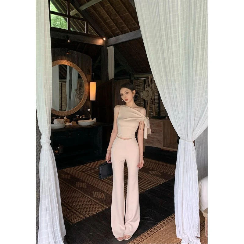 美式辣妹绑带斜肩无袖背心上衣女夏季时尚套装微喇叭休闲裤两件套