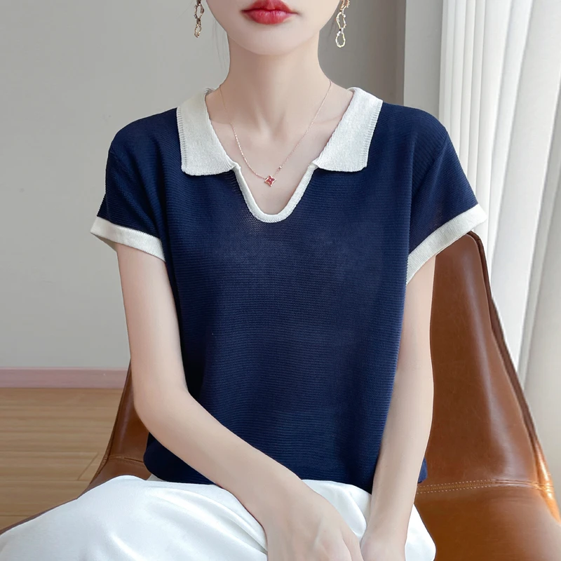 夏季新款天丝苎麻polo领撞色针织短袖上衣女拼色剪刀领T恤设计感