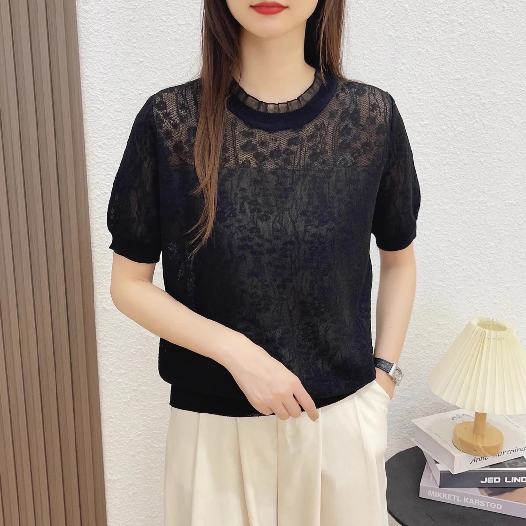 【蕾丝短袖-黑】夏季短袖洋气针织衫体恤衫宽松气质休闲百搭
