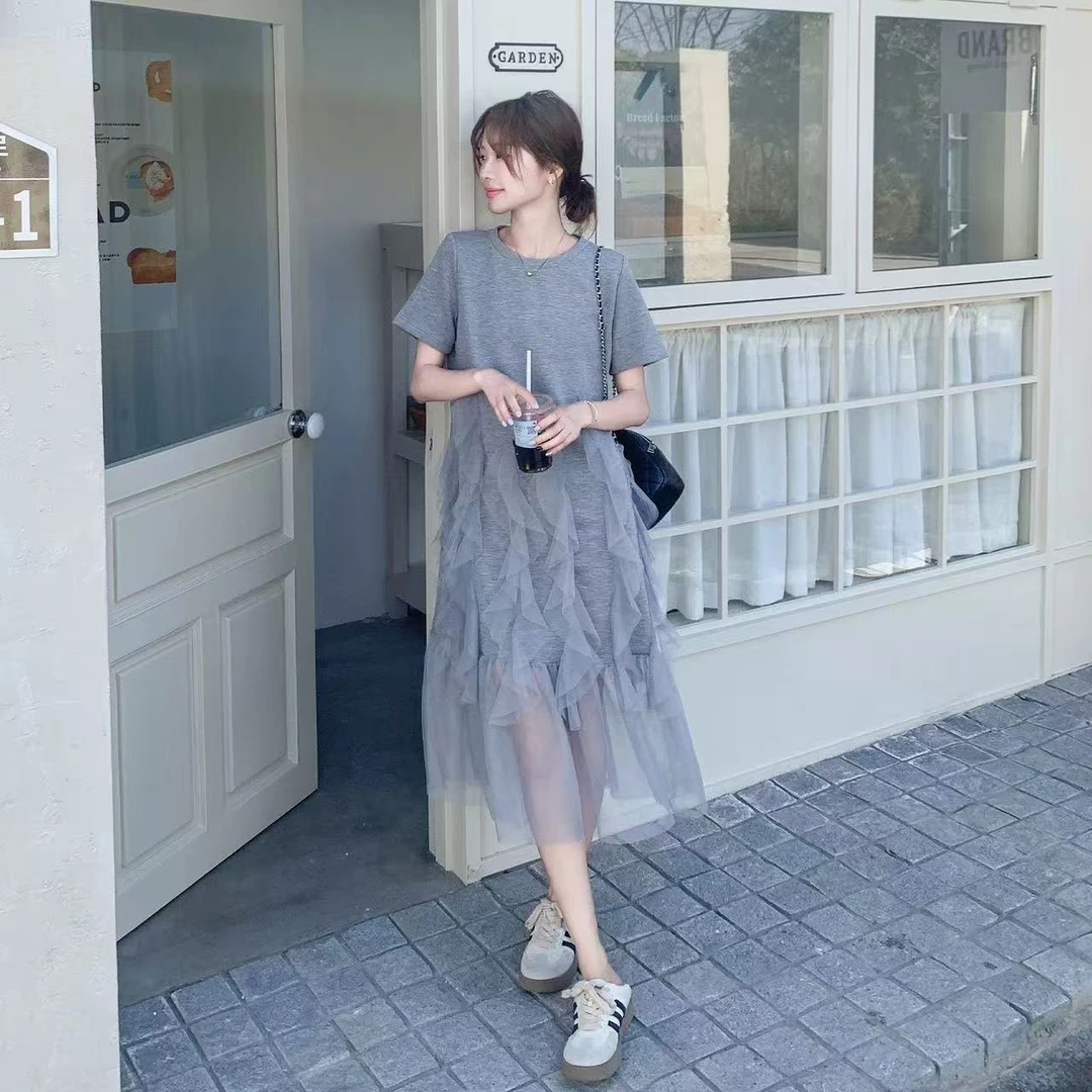【灰色蛋糕】灰色设计感网纱拼接连衣裙女夏休闲T恤裙
