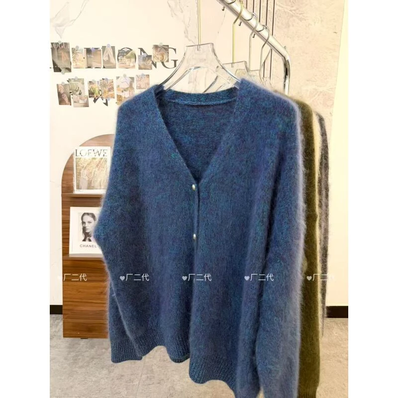 【蓝眼泪拉绒】慵懒松弛感水光扣v领针织拉绒开衫b696
