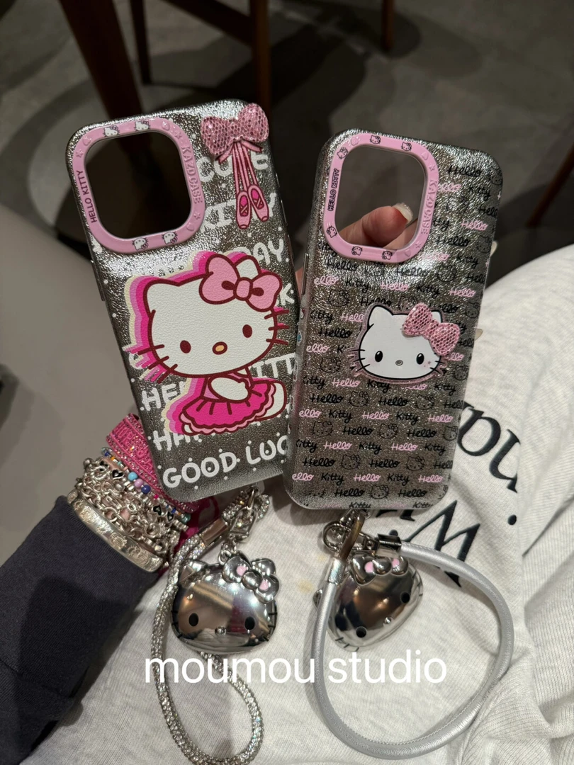 银皮纹立体蝴蝶结kt猫咪适用iphone16promax手机壳苹果15防摔1413