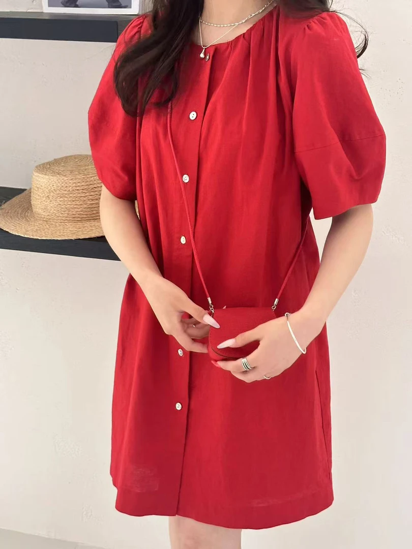 [易小慧]韩系泡泡袖亚麻棉质休闲宽松连衣裙