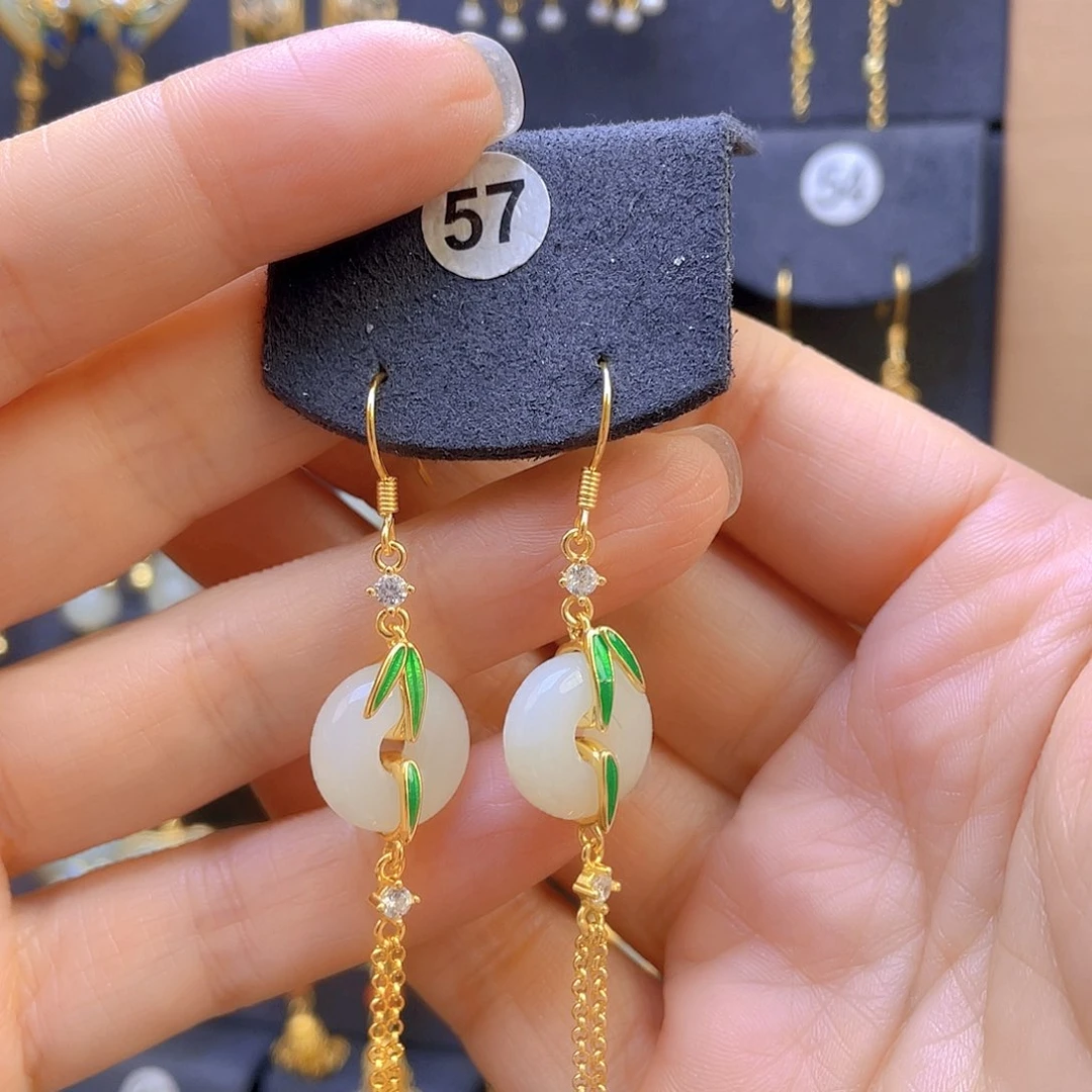 和田玉耳饰银S925镀金镶嵌