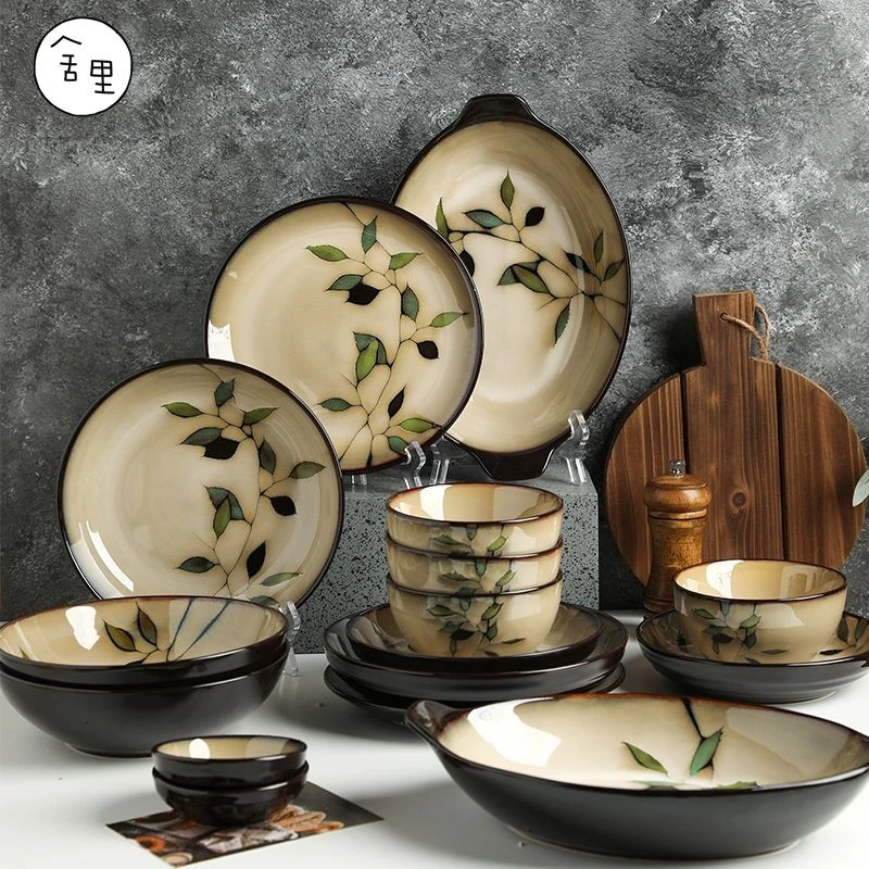舍里竹叶陶瓷碗盘子组合餐具家用复古日式窑变釉个性创意面碗汤碗
