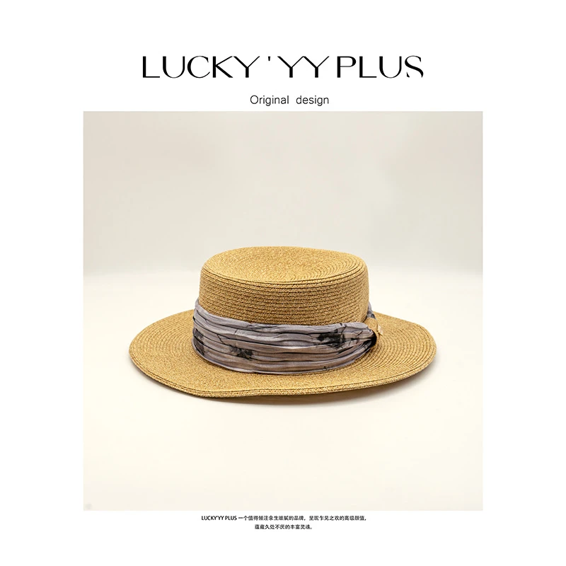 LUCKYYY 高品定制设计感拼接扎染印花拉菲草编织草帽 B1593