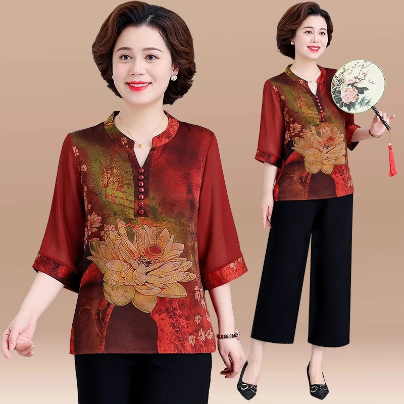妈妈夏装套装2025新款中老年人冰丝短袖t恤女奶奶夏季大码上衣服