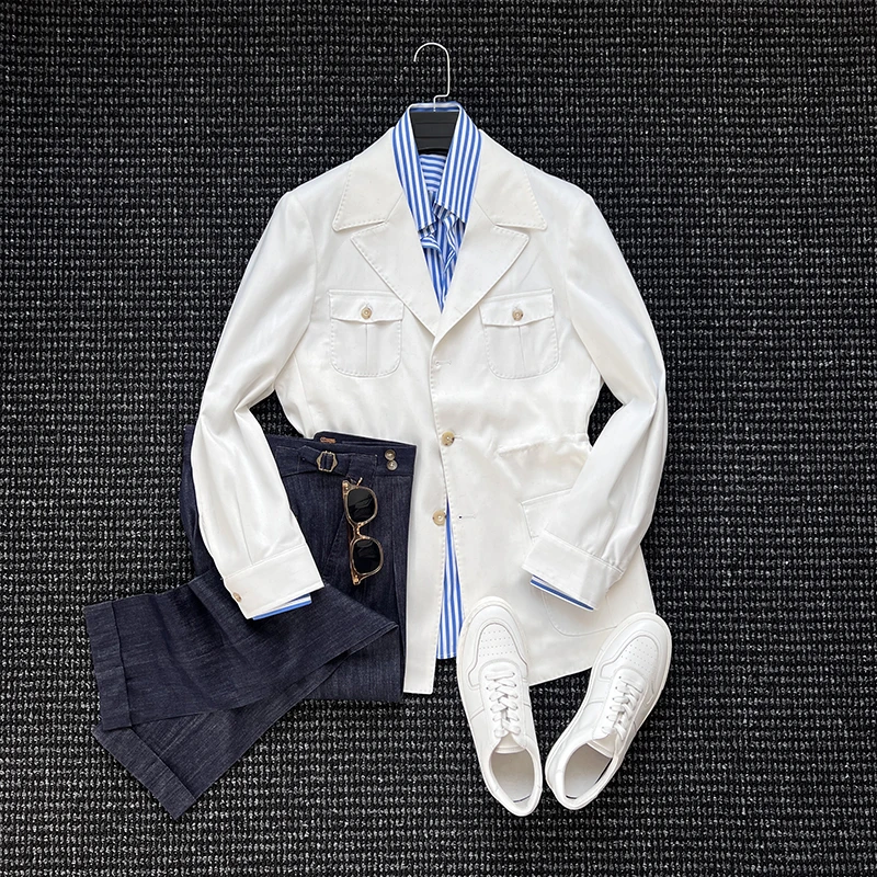 意式复古收腰绅士英伦游猎装夹克男士时尚日常通勤修身亚麻外套潮