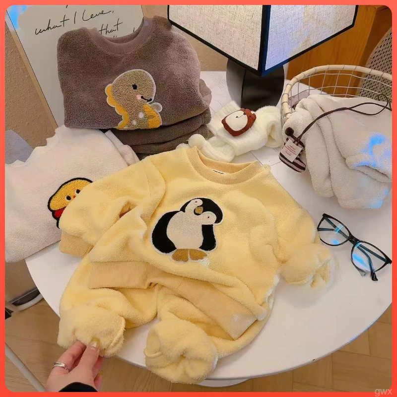 儿童加绒睡衣秋冬季新款加厚家居服男童女童云朵绒外穿保暖套装