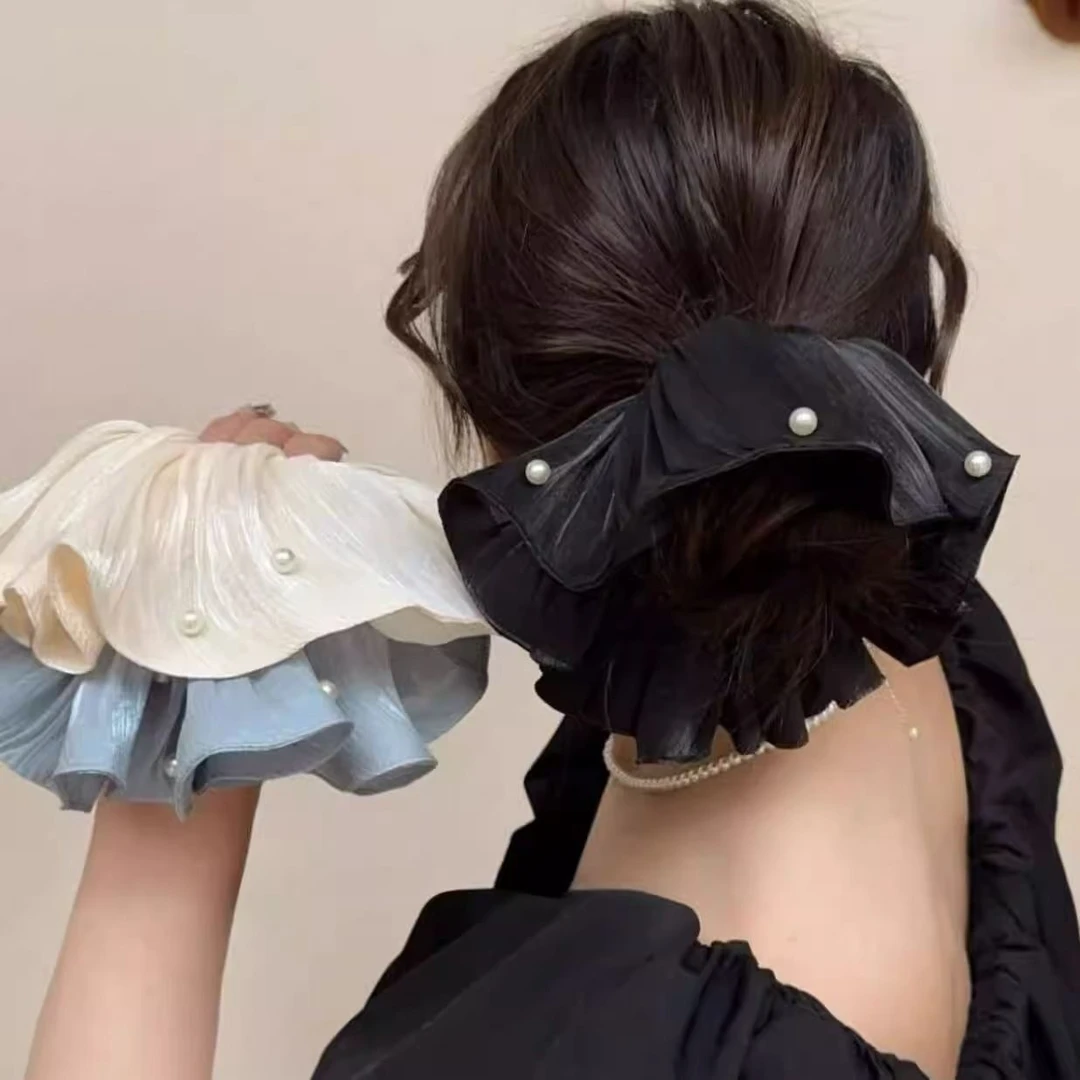 2025春夏新款高级感流光丝滑锻面褶皱珍珠大肠发圈高端大号发饰女