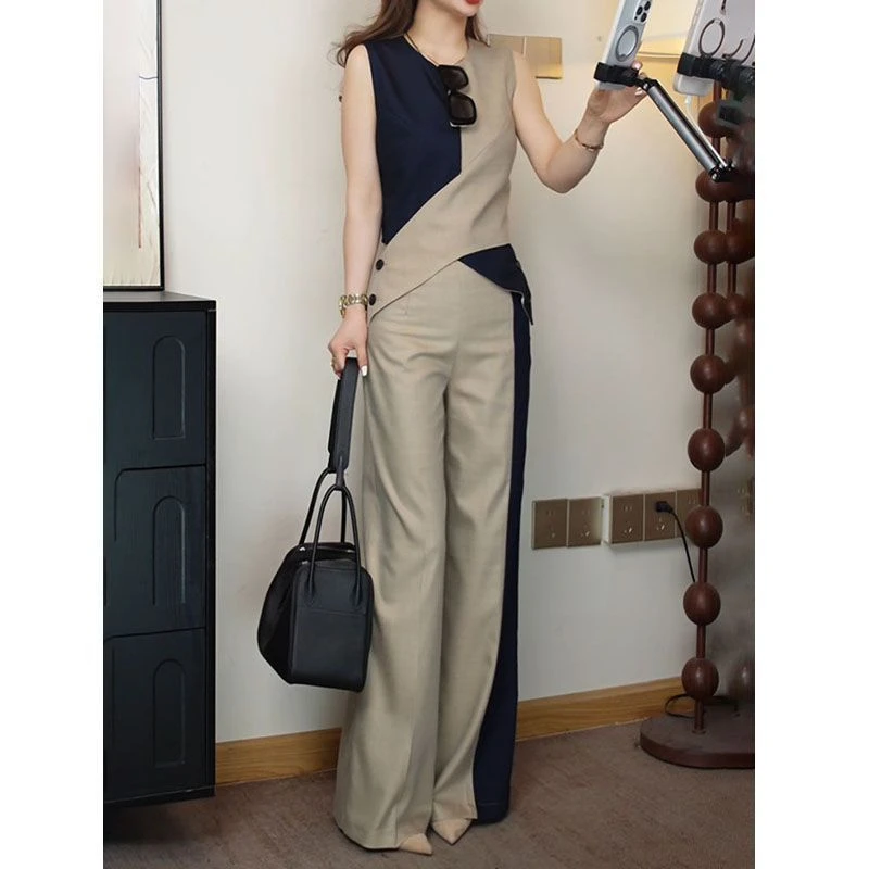 高端小众设计撞色连体裤套装夏季2025新款女气质名媛阔腿裤两件套