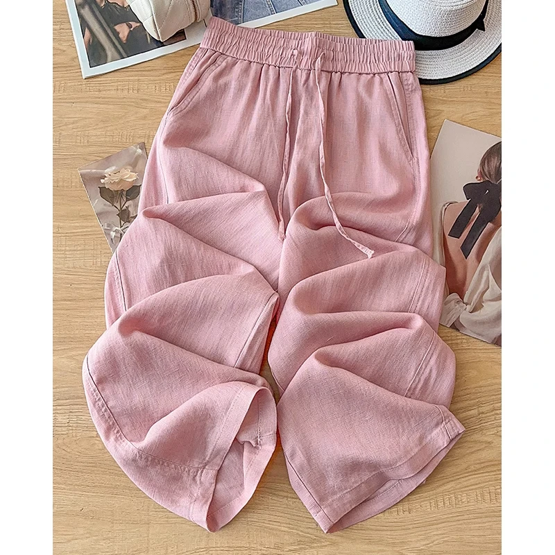 拉夏贝尔粉色休闲直筒裤女夏季薄款2025新款高腰抗皱防晒裤阔腿裤