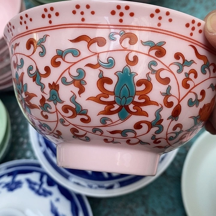 其他陶红稀土红绿彩缠枝莲五寸碗