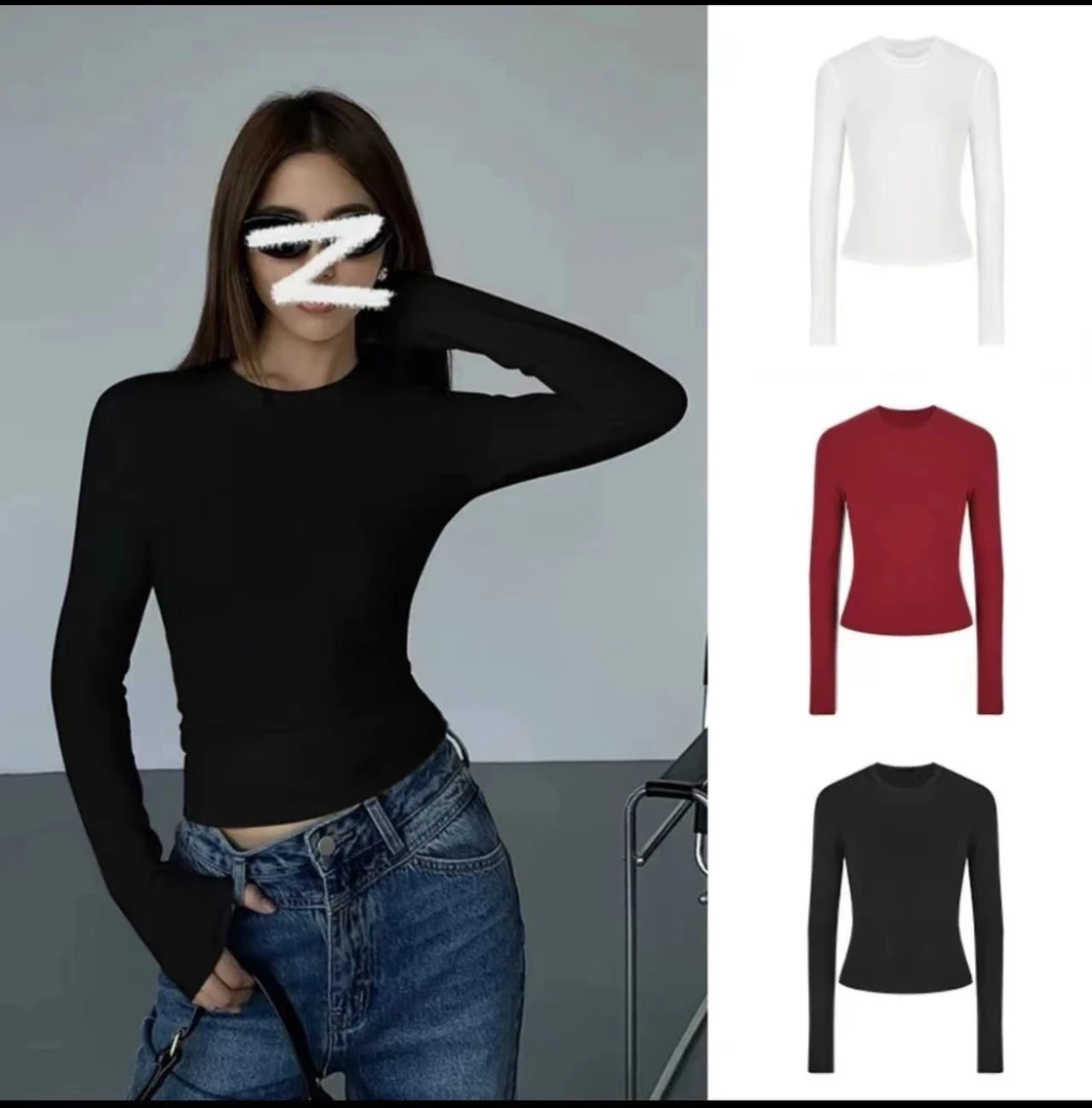 掐腰正肩T恤打底衫女显瘦长袖纯色百搭紧身加绒修身黑色圆领上衣