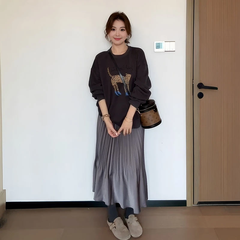 2025早秋季新款女装韩系穿搭圆领印花卫衣高腰显瘦a字百褶半身裙