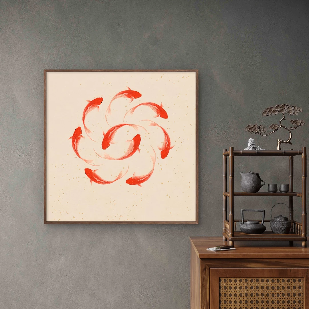 8784-鱼圆形-50-50中式装饰画木框玄关书房茶室客厅挂画