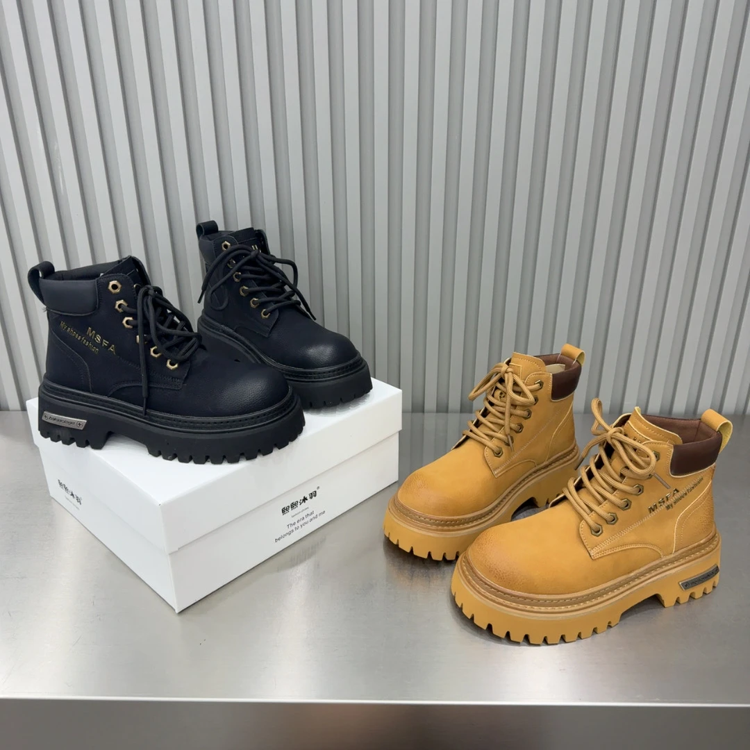 2025四季新款厚底增高复古机车磨砂系带短筒网红经典短靴马丁靴女