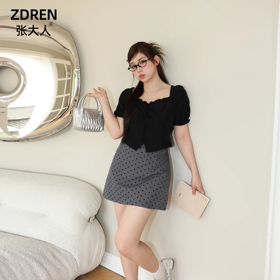 张大人气质御姐风大码女装微胖mm显瘦套装法式方领小衫波点半身裙