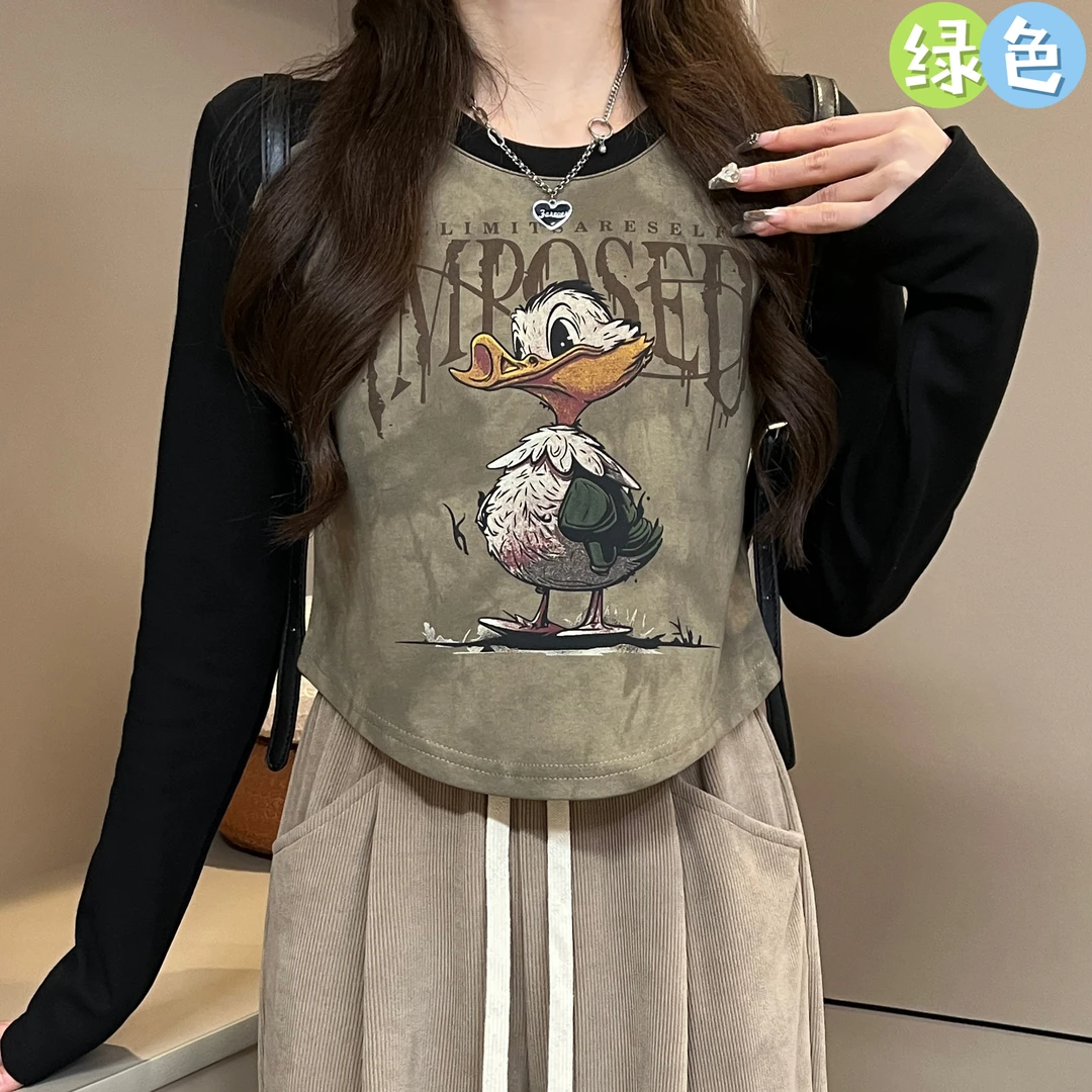 胖MM大码女装卡通设计感百搭撞色小众休闲长袖T恤加绒打底衫上衣