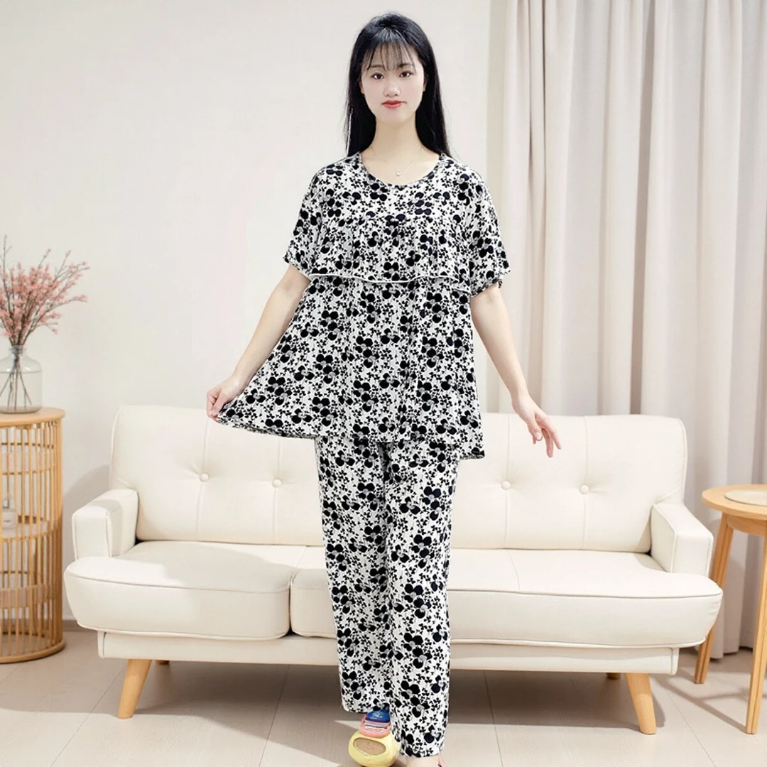【短袖长裤防凸点套装】睡衣女士不带胸垫大码妈妈可外出家居服Y112
