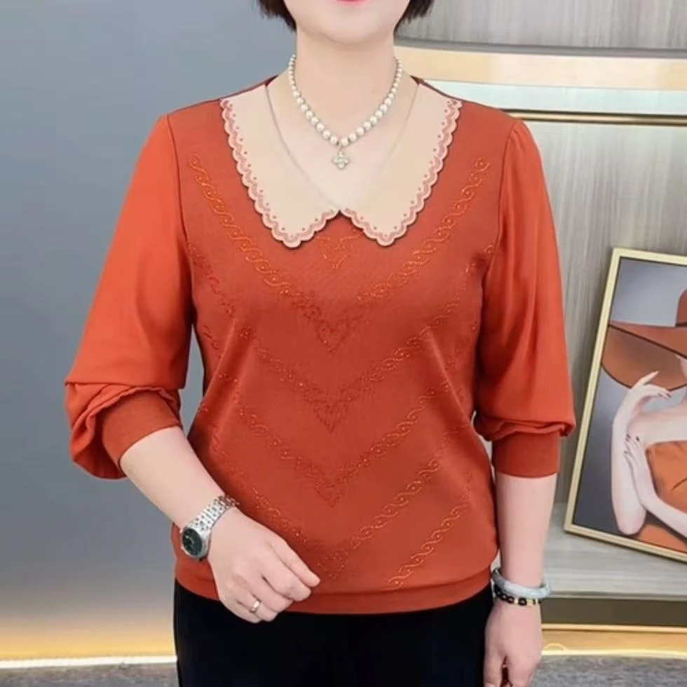秋季新款时尚娃娃领烫钻洋气妈妈装宽松显瘦休闲百搭长袖上衣H896