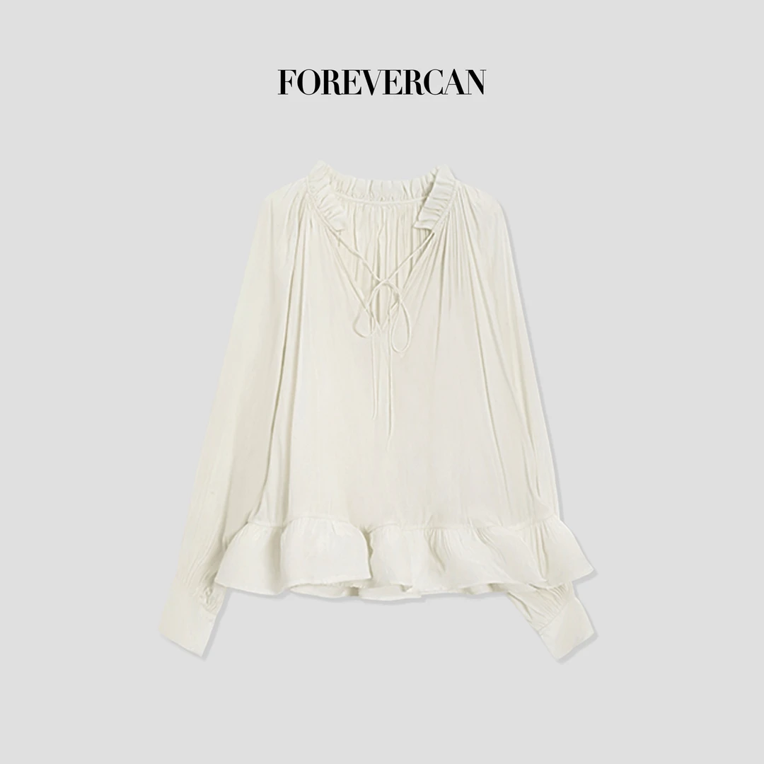 FOREVERCAN“白栀”花苞领系带灯笼袖长袖上衣 CANST17934