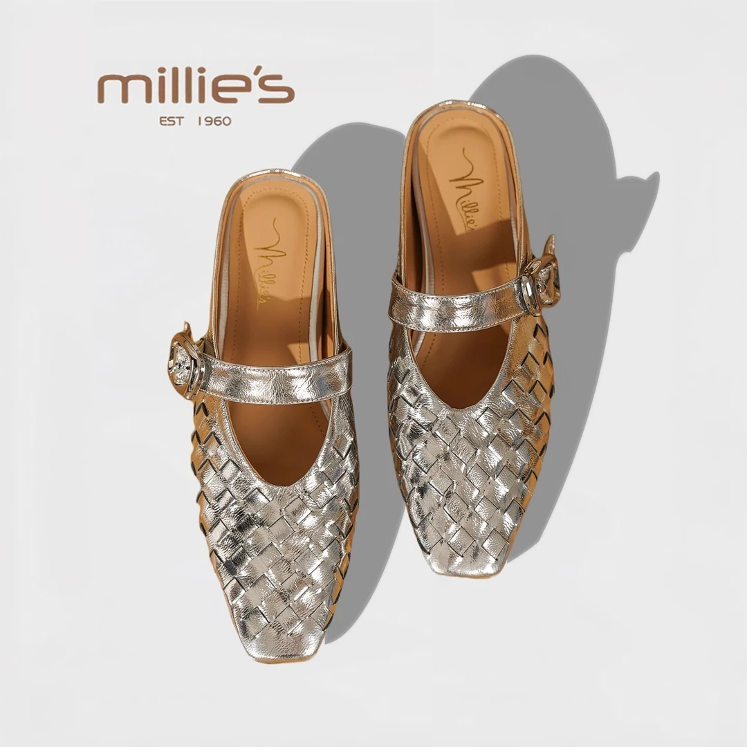 MILLIE'S/妙丽复古小众设计手工编织方头金属扣一字带包头半拖鞋