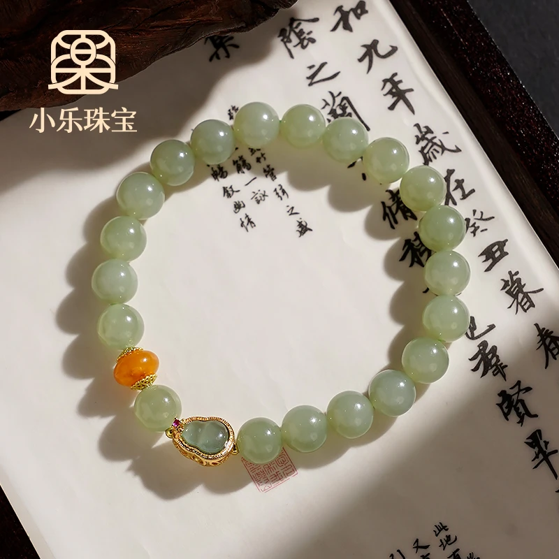 原创轻奢贵气天然和田玉蜜蜡翡翠葫芦国风手链多样性发一-9792