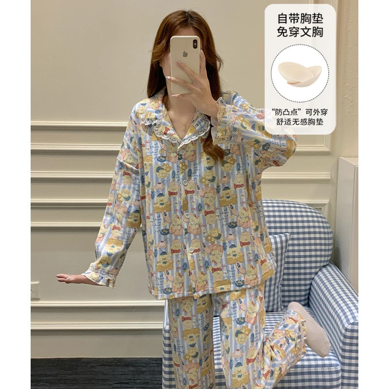 带胸垫睡衣女长袖新款春秋季可外穿卡通开衫家居服套装韩版秋冬