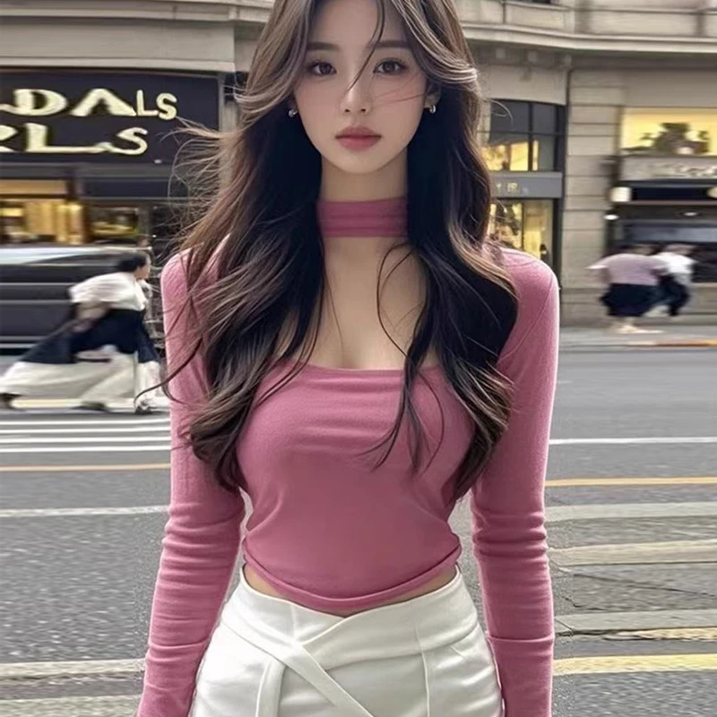 短款纯色纯欲风T恤针织小众秋季打底衫设计感韩版性感紧身