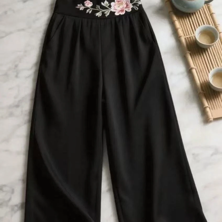 夏季新款薄款九分裤妈妈裤子新中式女裤高腰宽松直筒裤奶奶冰丝