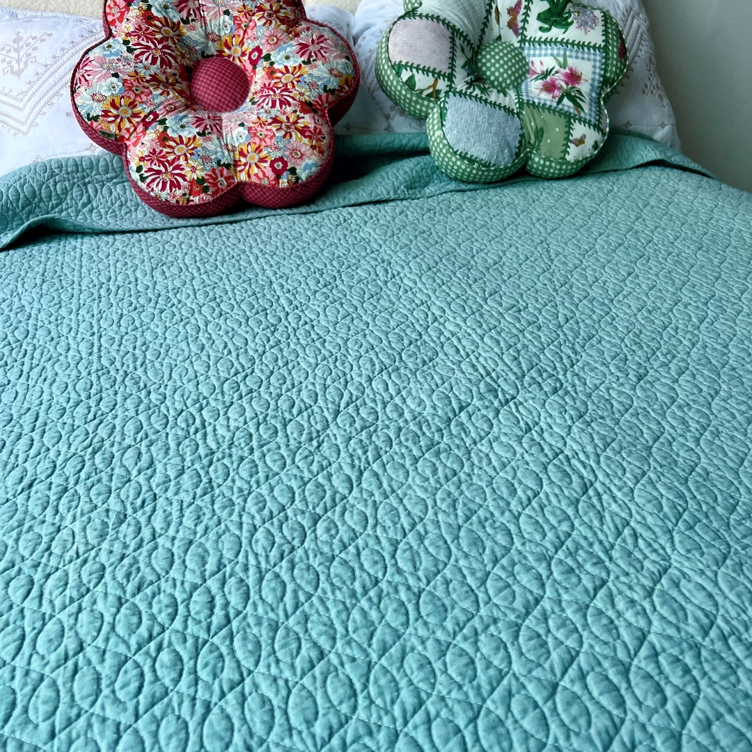 【花悦】纯色绿色双面纯棉大床盖三层夹棉榻榻米绗缝被床单四季可用