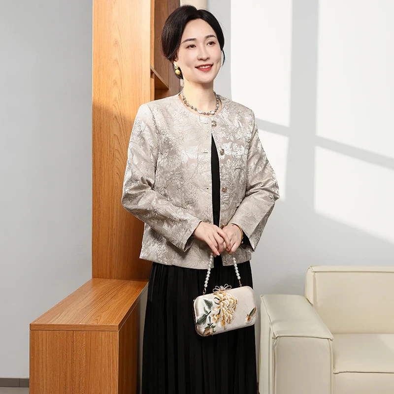 妈妈秋装国风圆领长袖提花外套2025新款中老年女装气质套装连衣裙