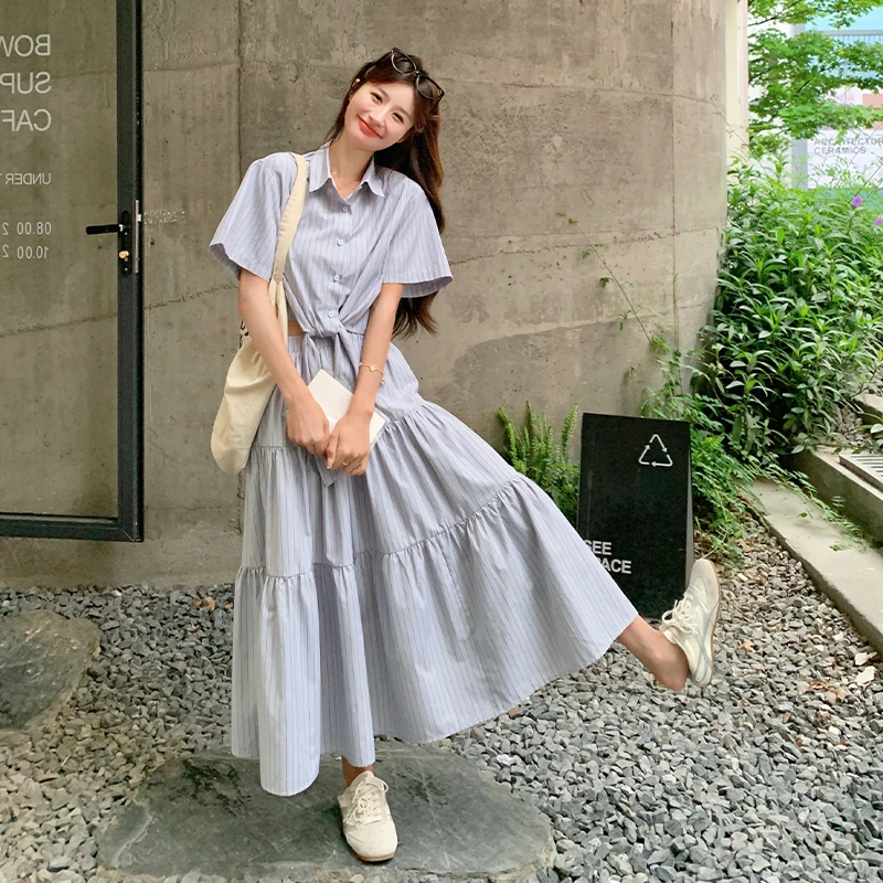 韩版学院风减龄套装裙女2025夏新款条纹系带衬衫上衣半身裙两件套