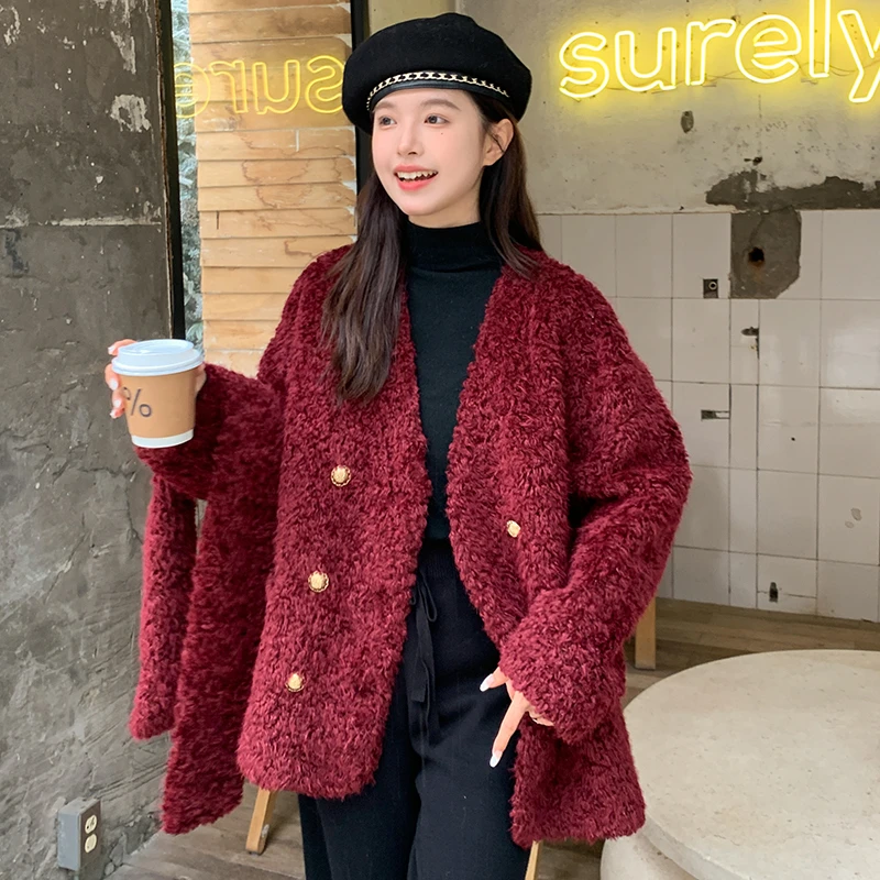 保暖宽松型厚款短款外套红色小香风大衣毛呢气质小个子时尚百搭