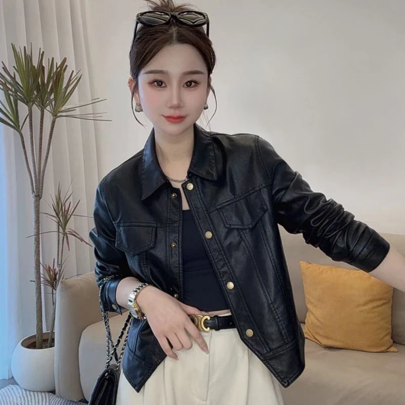 2025秋冬新款短款长袖皮衣女夹克百搭上衣翻领短款外套女士显瘦