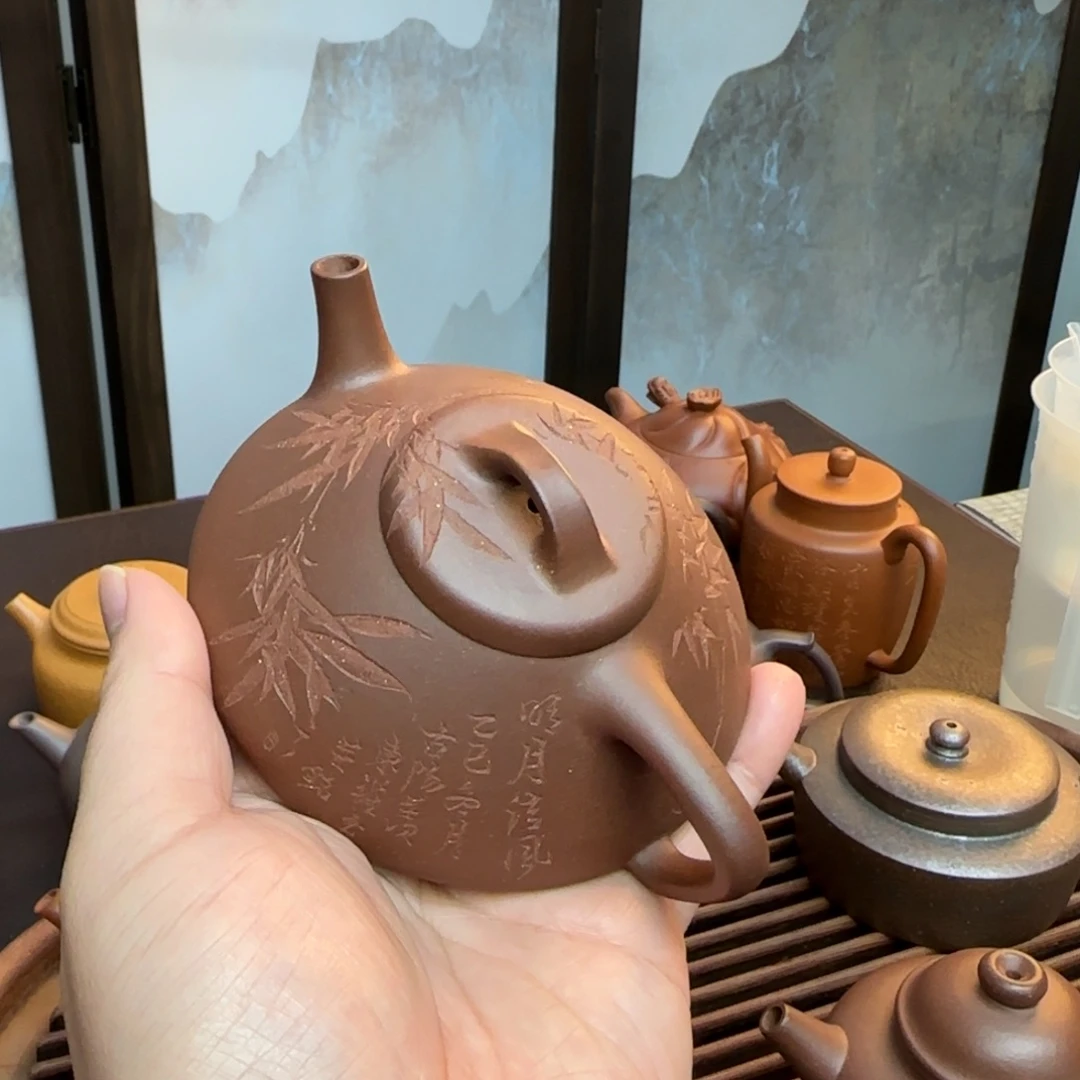 有***子茶壶紫砂特练紫泥合瓢刻绘