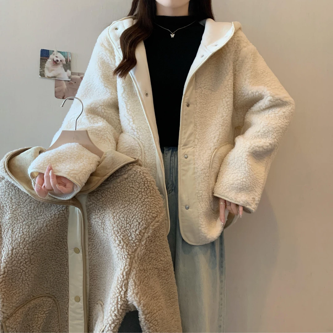 秋冬装新款大码女装加厚连帽毛外套加厚双面绒外套