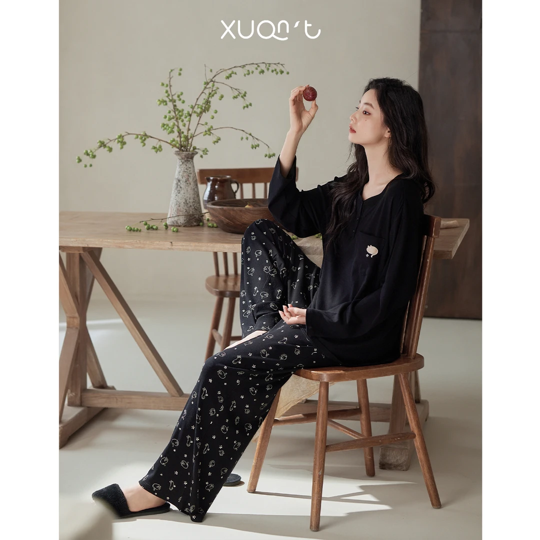 轩之婷秋季睡衣女2025新款时尚印花小猫长袖长裤家居服春秋款套装