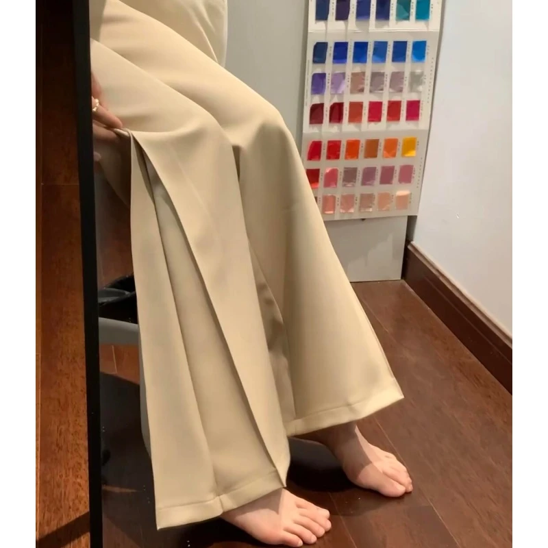 卡其色西装阔腿裤女秋季2025新款低腰垂感高个子加长休闲微喇叭裤
