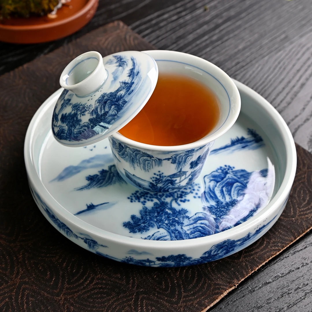 中式复古青花三才盖碗景德镇茶具套装手工手绘压手杯不烫手茶碗