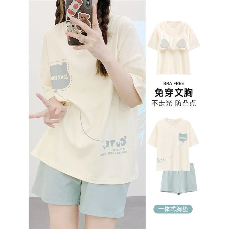 睡衣纯棉2024套装夏季女夏款短袖家居服新款一体女士胸垫少带