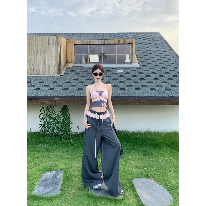 辣妹抽绳花边拼接高腰休闲裤女夏季垂感长裤宽松百搭阔腿拖地裤子