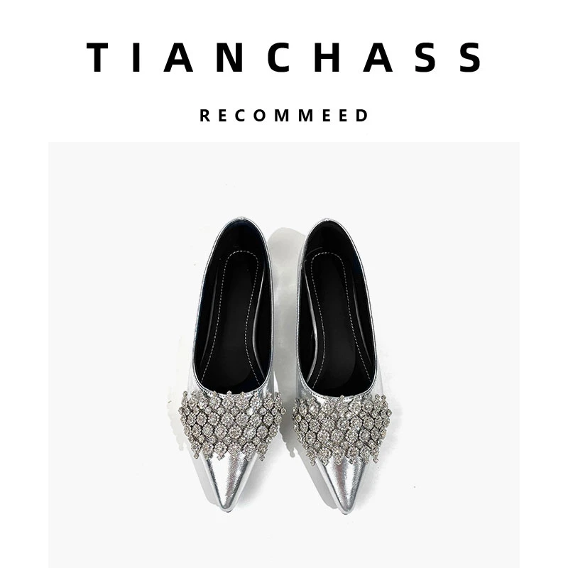 法式水钻尖头浅口单鞋女2025新款不累脚气质名媛风高跟鞋子