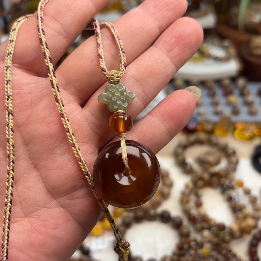 琥珀未镶嵌手链棕珀平安扣吊坠一套
